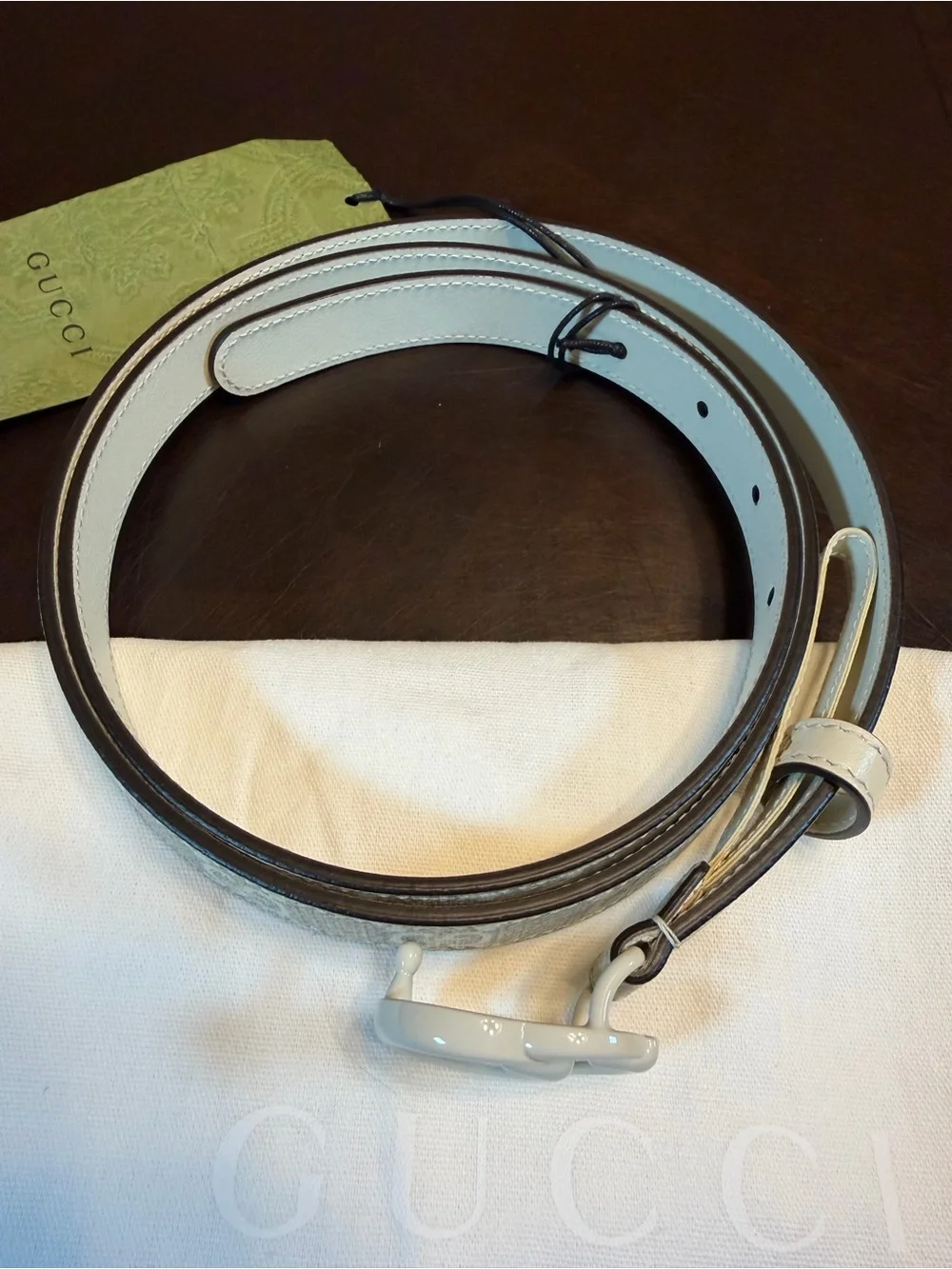 New Gucci GG Logo Buckle Ivory Gray Leather Belt Size 42 / 105 cm Waist 38 - 42 - Picture 4 of 13